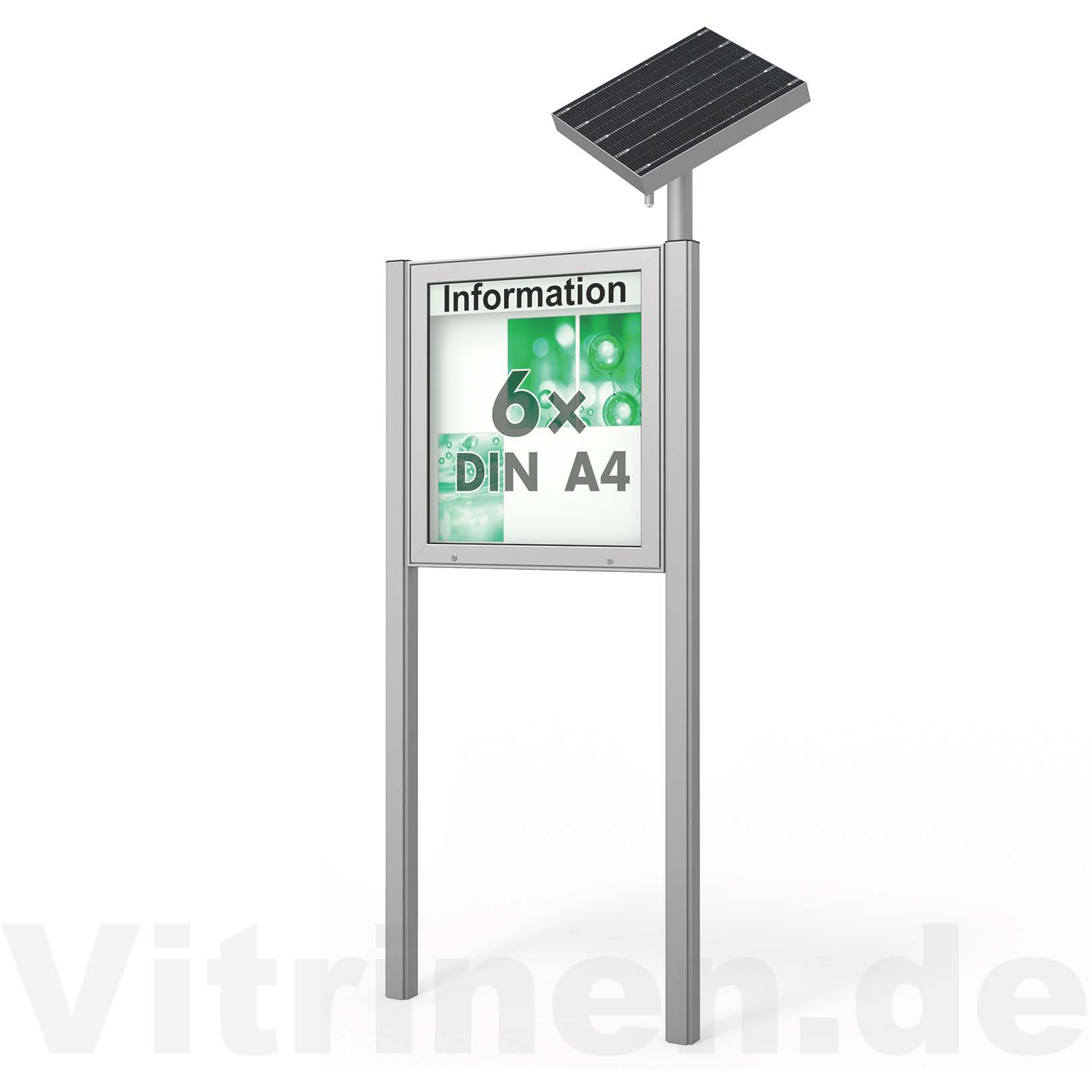 6 x DIN A4 Schaukasten Plenum eckig - der "Klassiker" mit Solar-Modul und Pfosten - Bautiefe 100mm